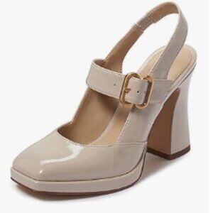 FYS Nude Platform Square Toe Pumps Chunky High Heel Mary Janes Slingback Shoes